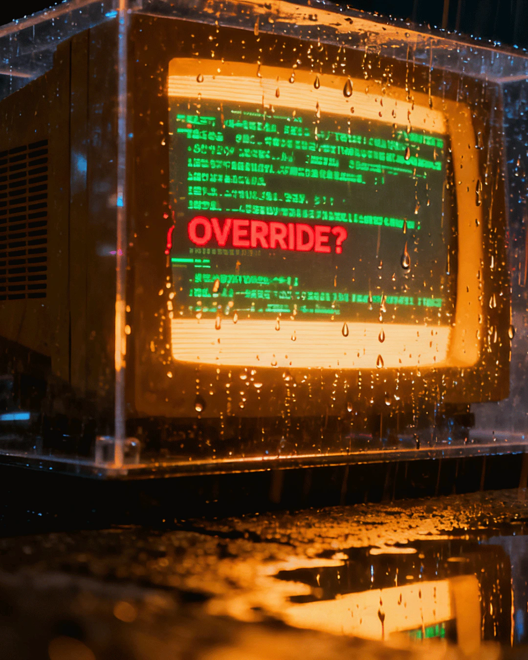 Antiguo monitor CRT dentro de una caja de acrílico con gotas de agua, pantalla ámbar con código verde y un mensaje rojo 'OVERRIDE?'